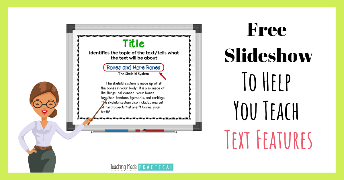 Free slideshow to help you introduce the different text features to your upper elementary students (3rd, 4th, and 5th grade).  Includes the name of different text features, a visual example, and an explanation of its purpose. 