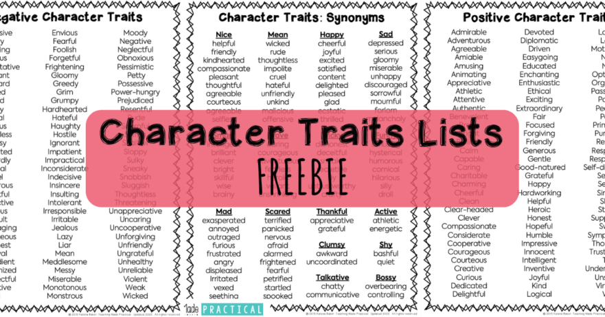 Free Character Trait Lists to help making teaching character traits to 3rd, 4th, and 5th grade students easier - includes positive traits, negative traits, and character traits sorted by synonyms
