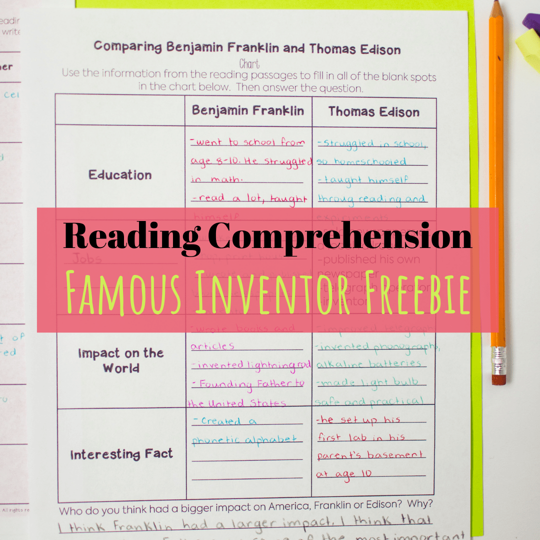 Free reading comprehension practice for third, fourth, and fifth graders - paired passages about Thomas Edison and Benjamin Franklin