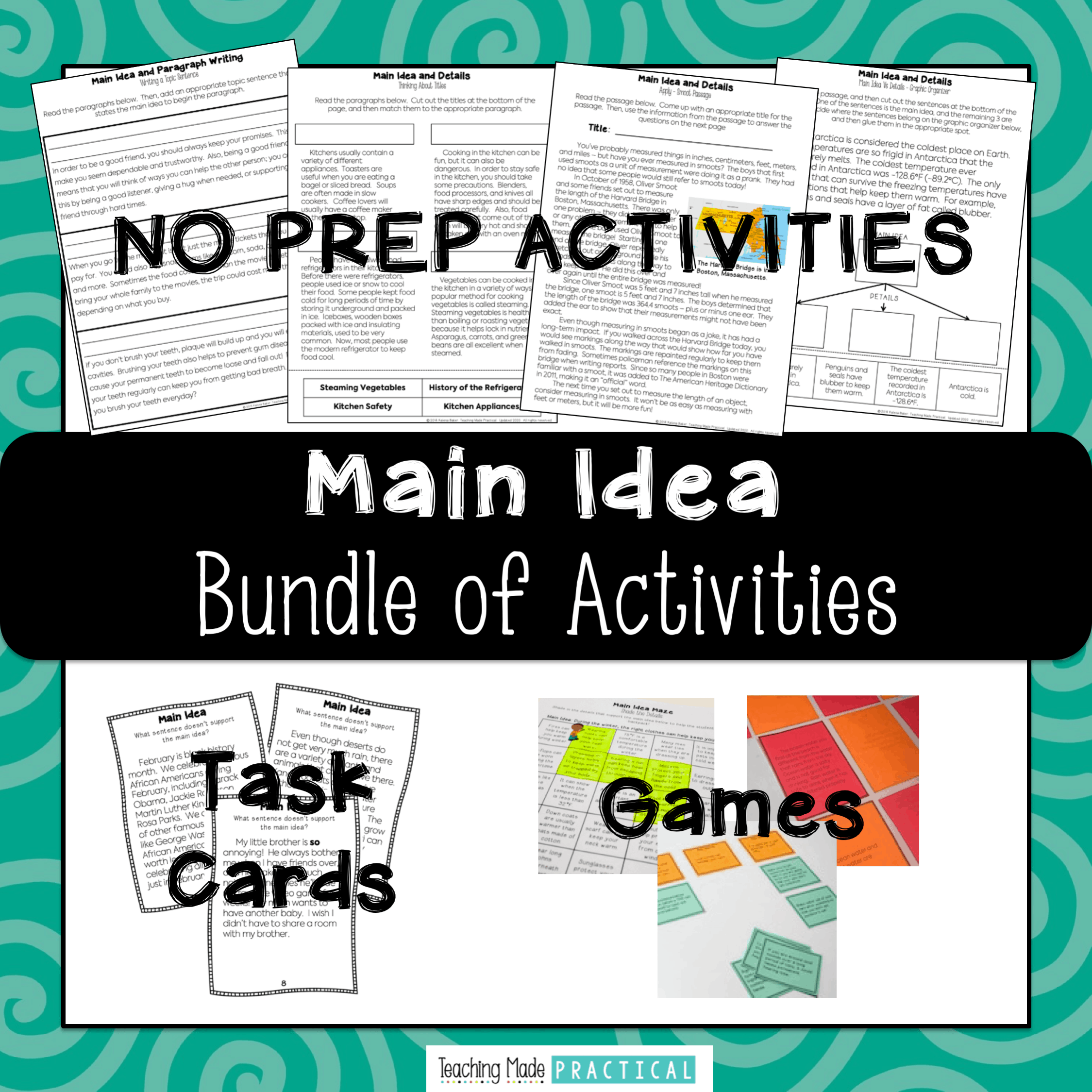 Main Idea and Details Activities Bundle - task cards, no prep activities, games and centers, and more