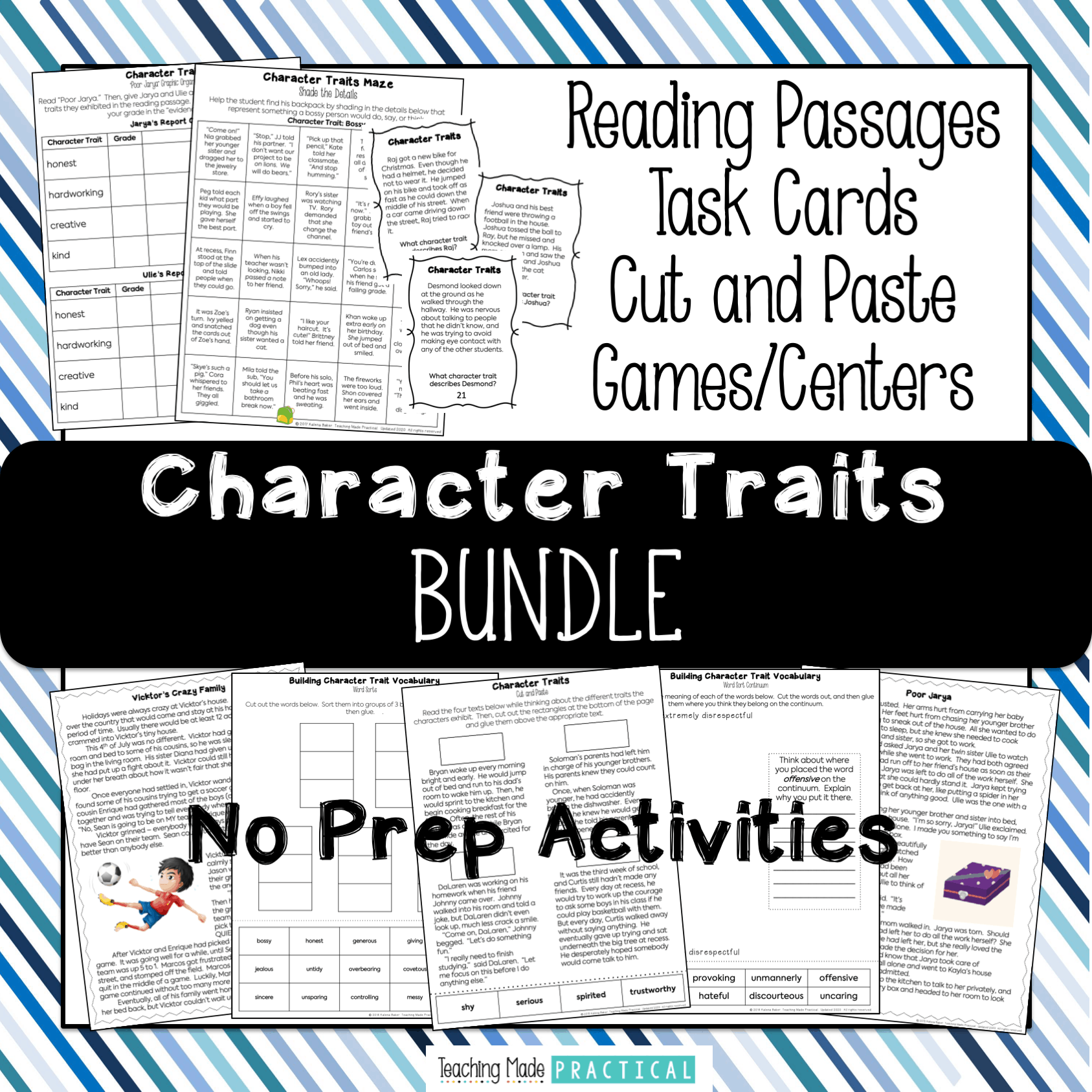 Character Traits bundle- includes task cards, cut and paste activities, reading passages, no prep activities, and more.  Great for third graders and fourth graders to help build their understanding of character traits.  