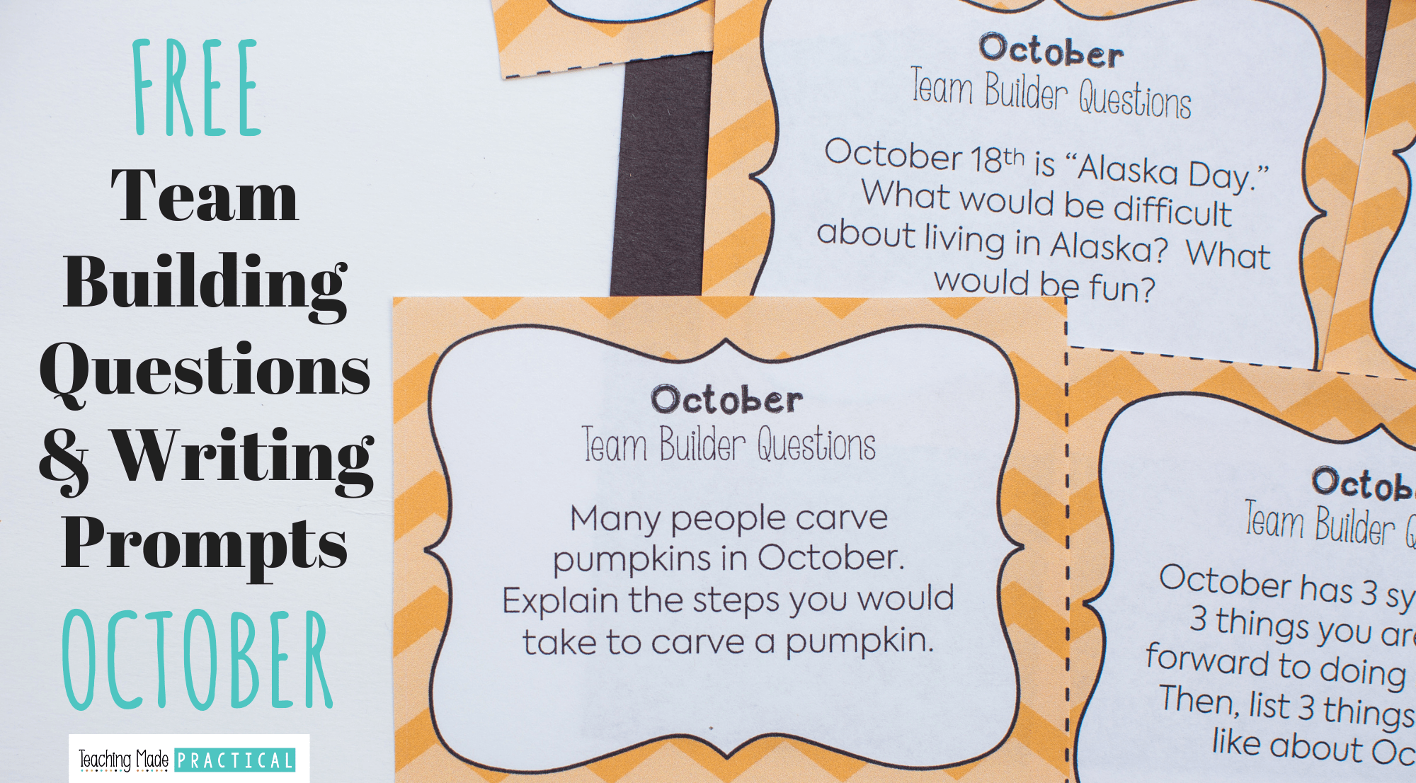 This October freebie is great for morning meetings, team building or ice breaker activities, writing prompts, or oral and listening practice in 3rd, 4th, and 5th grade.  Students answer fun, October themed questions / writing prompts.