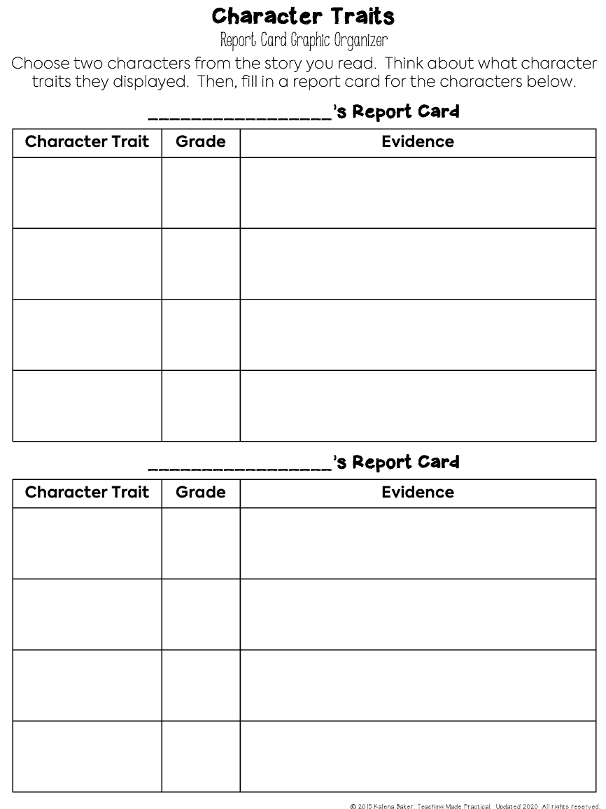 Free Character Traits Report Card graphic organizer.  Use when teaching character traits to 3rd grade, 4th grade, or 5th grade students.  