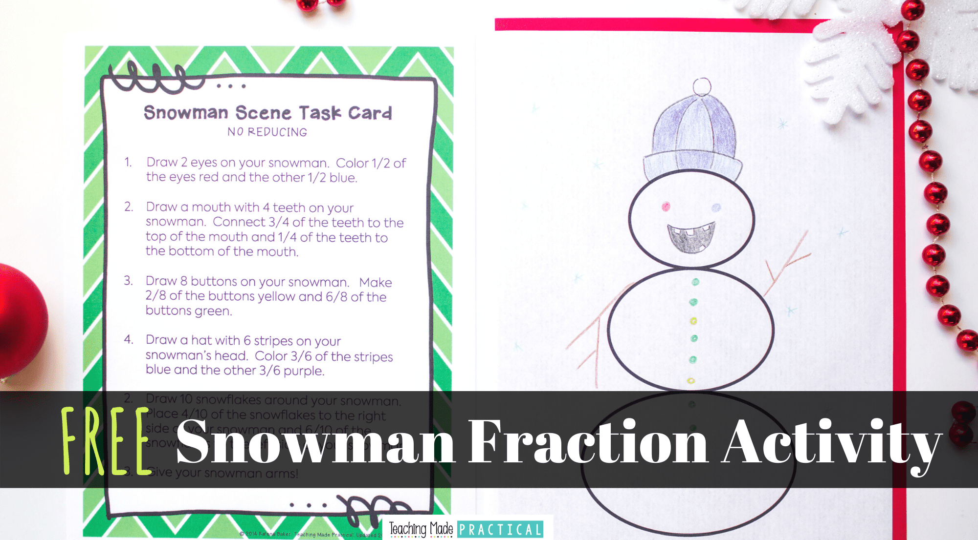 This free snowman activity integrates art and math.  Students must draw a picture of a snowman using their knowledge of fractions!  Great for 3rd or 4th grade students as a fun winter review. 