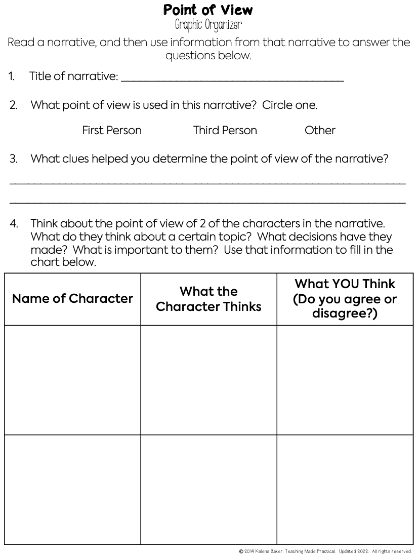 free point of view graphic organizer for fiction texts and upper elementary
