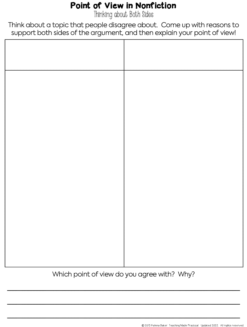 Point of view freebie graphic organizer to help 3rd, 4th, and 5th grade students think about both sides