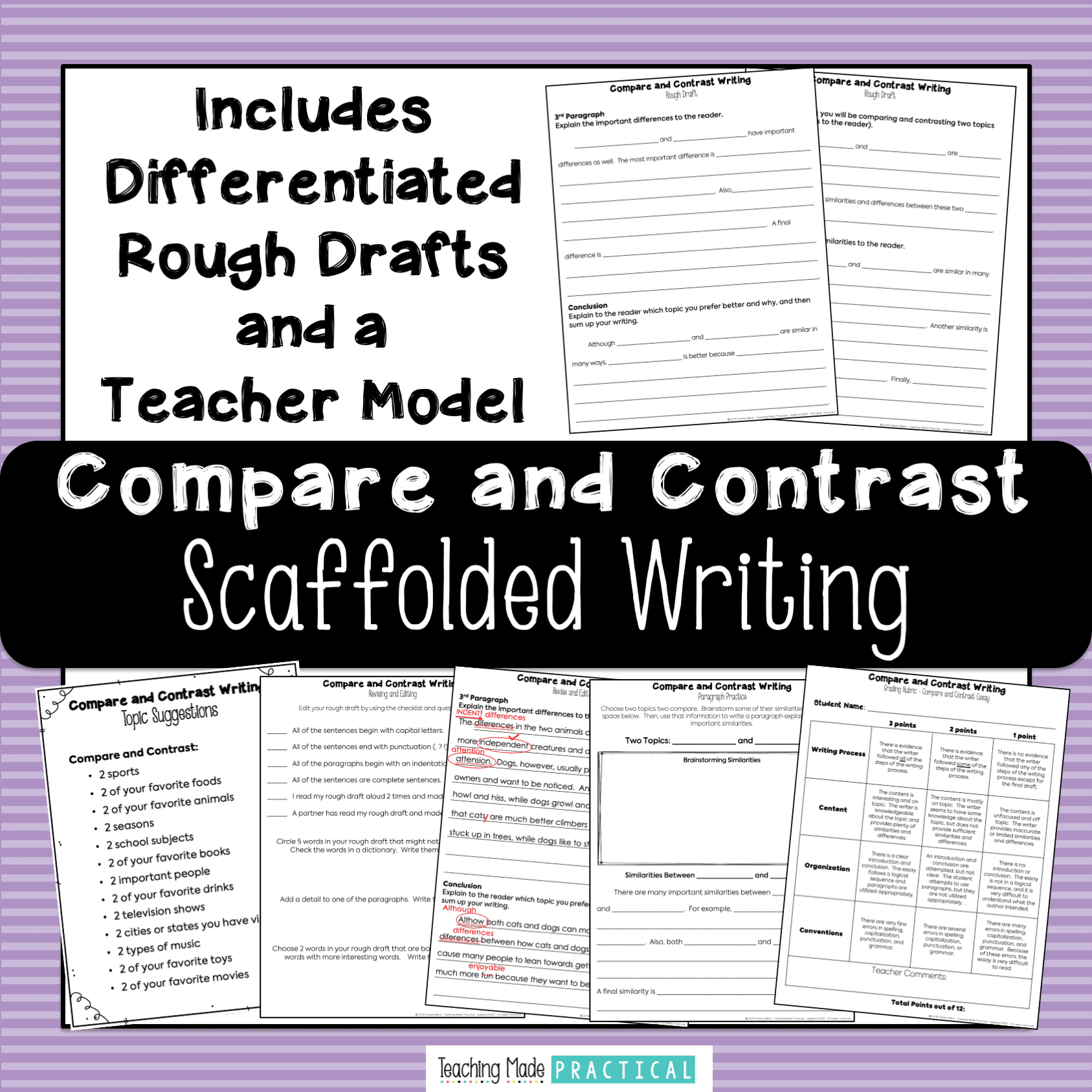 compare and contrast scaffolded writing - includes an essay template for 3rd, 4th, and 5th grade students