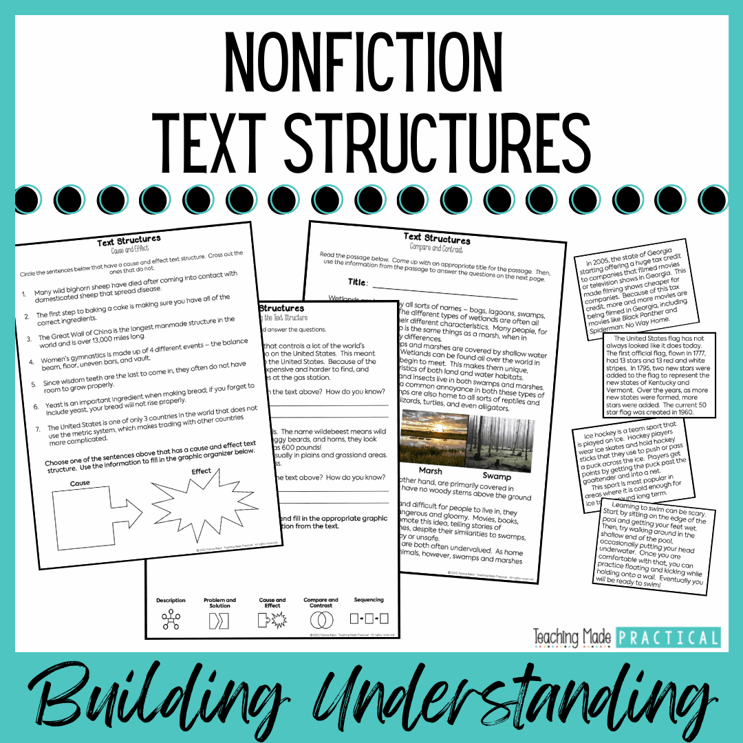 a nonfiction text structure resource for upper elementary students to cover the text structures problem and solution, description, sequencing, cause and effect, and compare and contrast