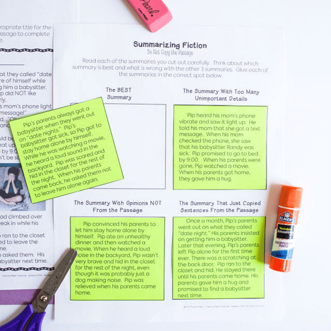 Cut and paste summarizing activities for 3rd, 4th, and 5th grade students so that they develop a better understanding