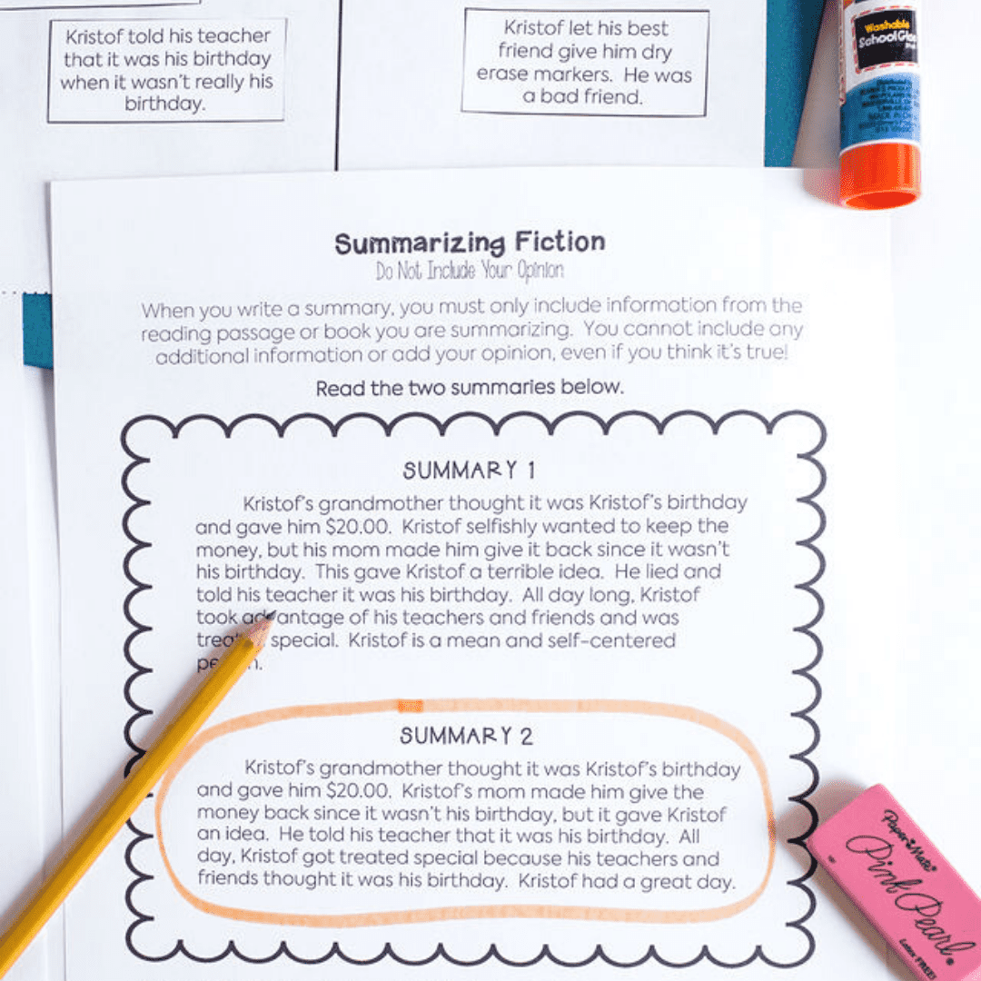Have upper elementary students practice summarizing fiction texts by choosing the best summary