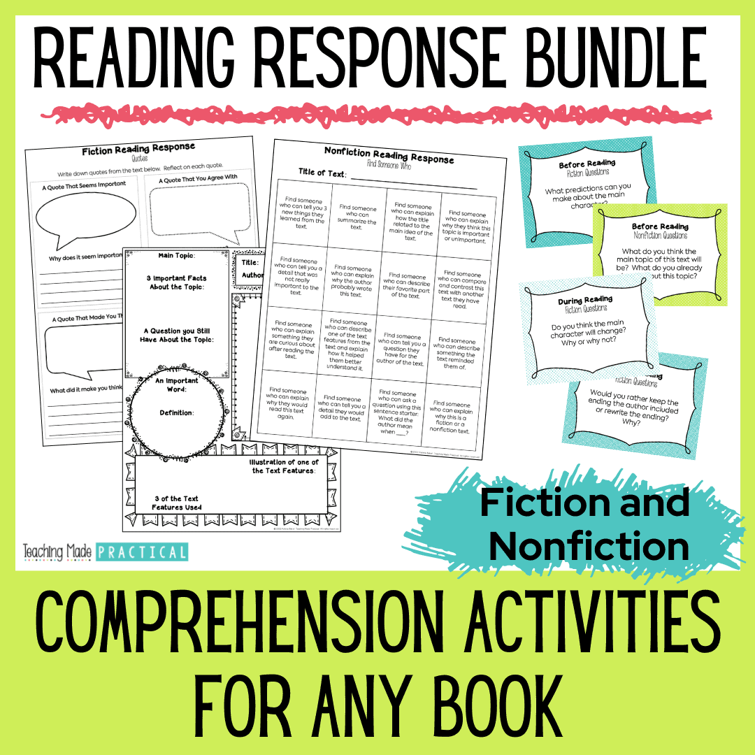 no prep reading response bundle - grades 3, 4, and 5 - for any book, fiction or nonfiction