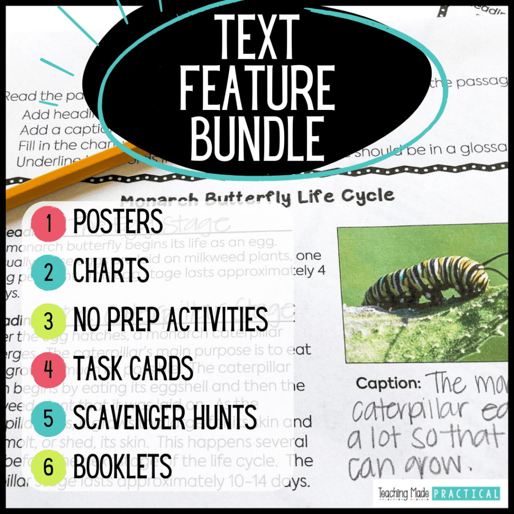Text Feature Activities for 3rd, 4th, and 5th grade - posters, charts, no prep activities, task cards, scavenger hunts, and more