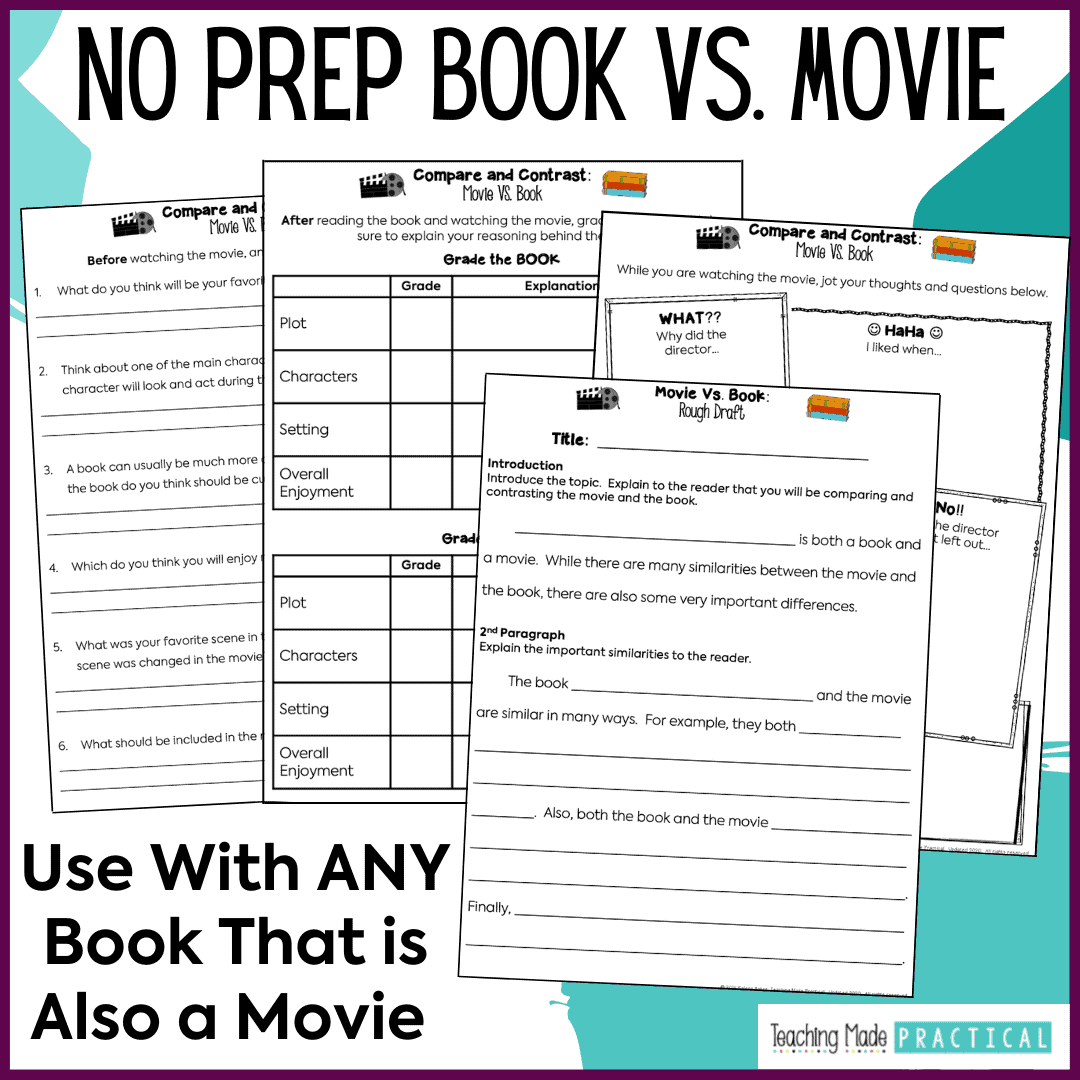 Activities to compare and contrast a movie with its book for 3rd grade, 4th grade, and 5th grade.