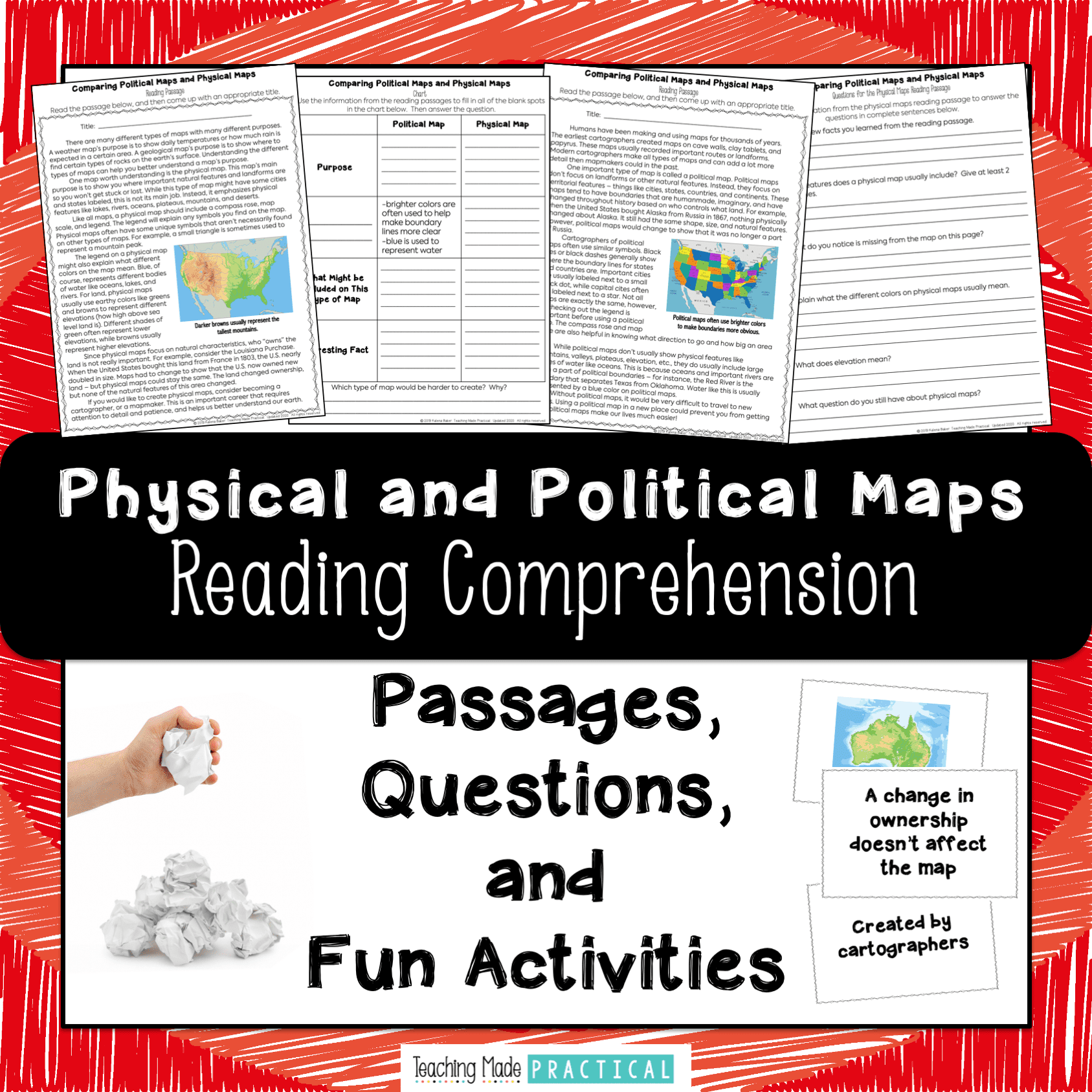 physical and political maps reading comprehension snowball fight for 3rd, 4th, and 5th grade