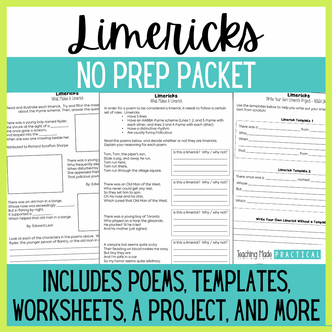 Limerick Packet No Prep Activities, Poems, and Templates for 3rd, 4th, and 5th Grade