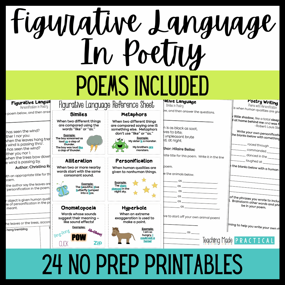 Figurative Language in poetry no prep worksheets for 3rd, 4th, and 5th grade