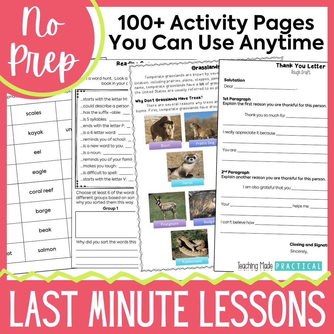 No Prep Reading and Writing Bundle for Last Minute Lessons in 3rd, 4th Grade