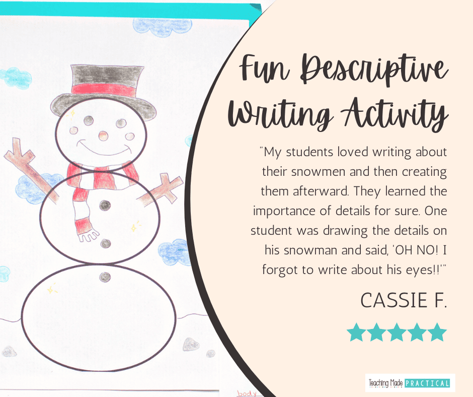 No Prep Snowman Winter Descriptive Writing Activity for 3rd, 4th grade students