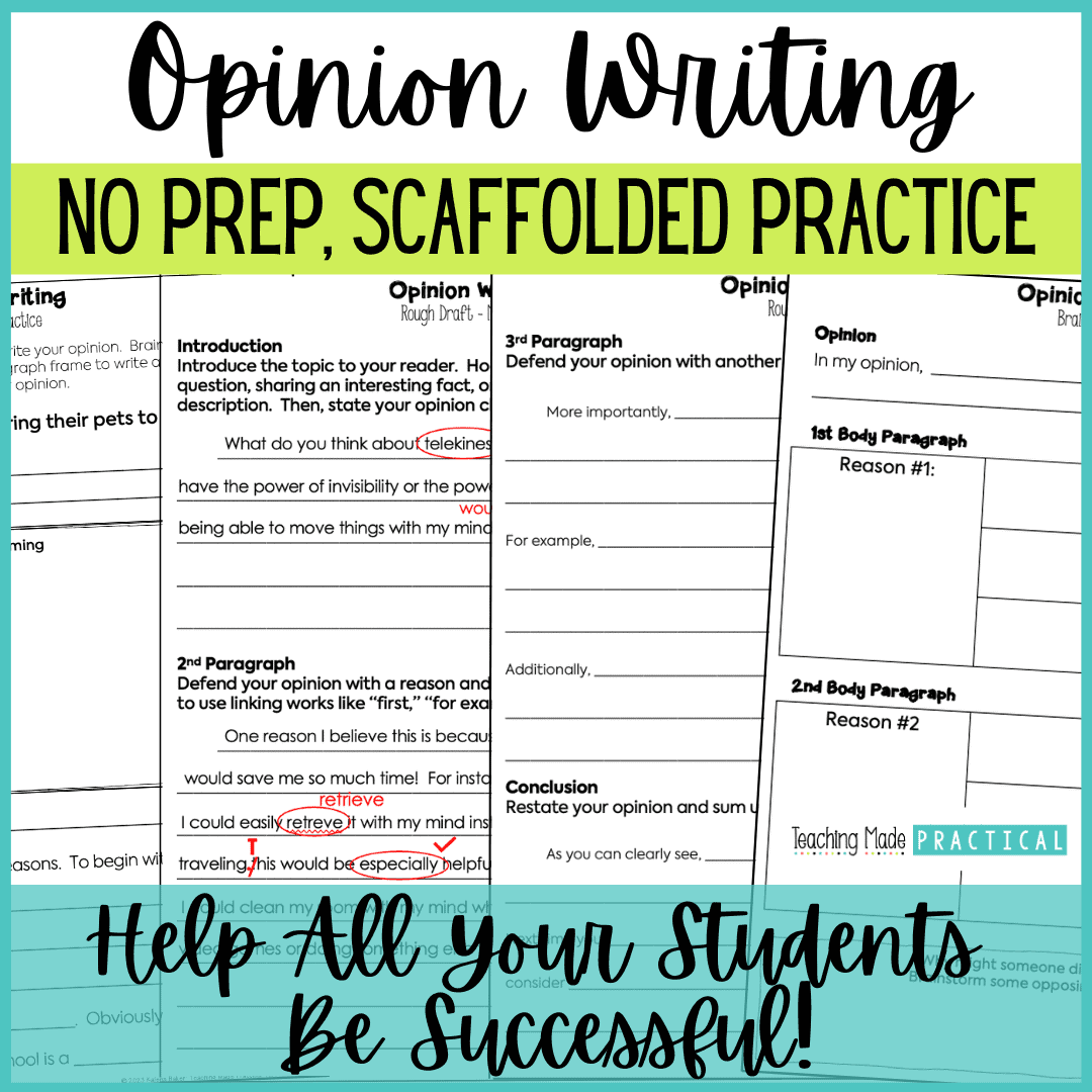 Scaffolded Opinion Writing Essay Template for 3rd, 4th, and 5th grade students