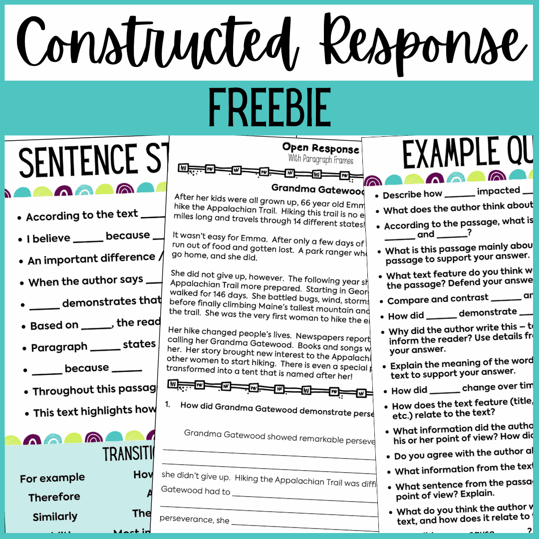 A short constructed response freebie with sentence starters, transition words, a reading passage, example questions, and more