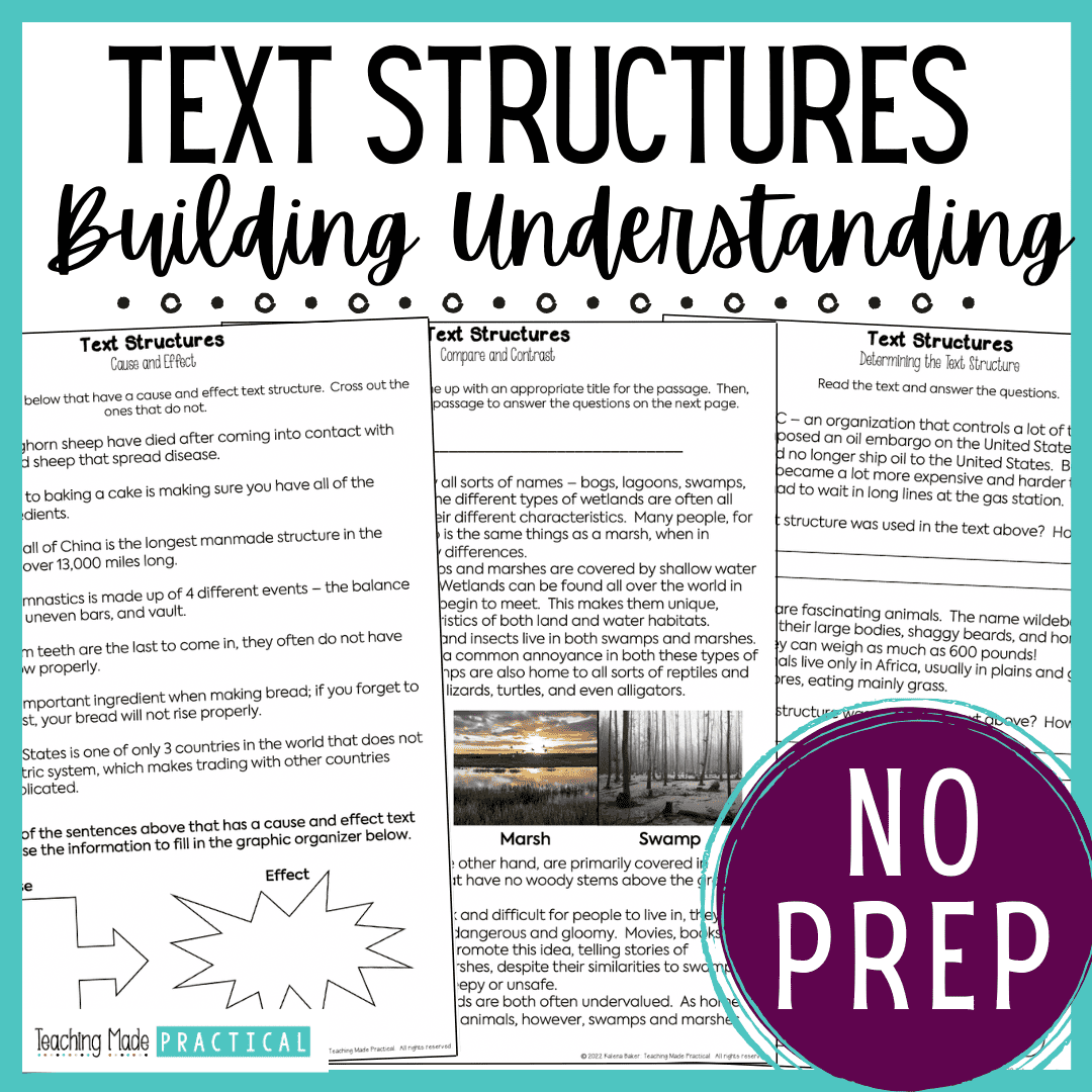 a nonfiction text structure resource for upper elementary students to cover the text structures problem and solution, description, sequencing, cause and effect, and compare and contrast