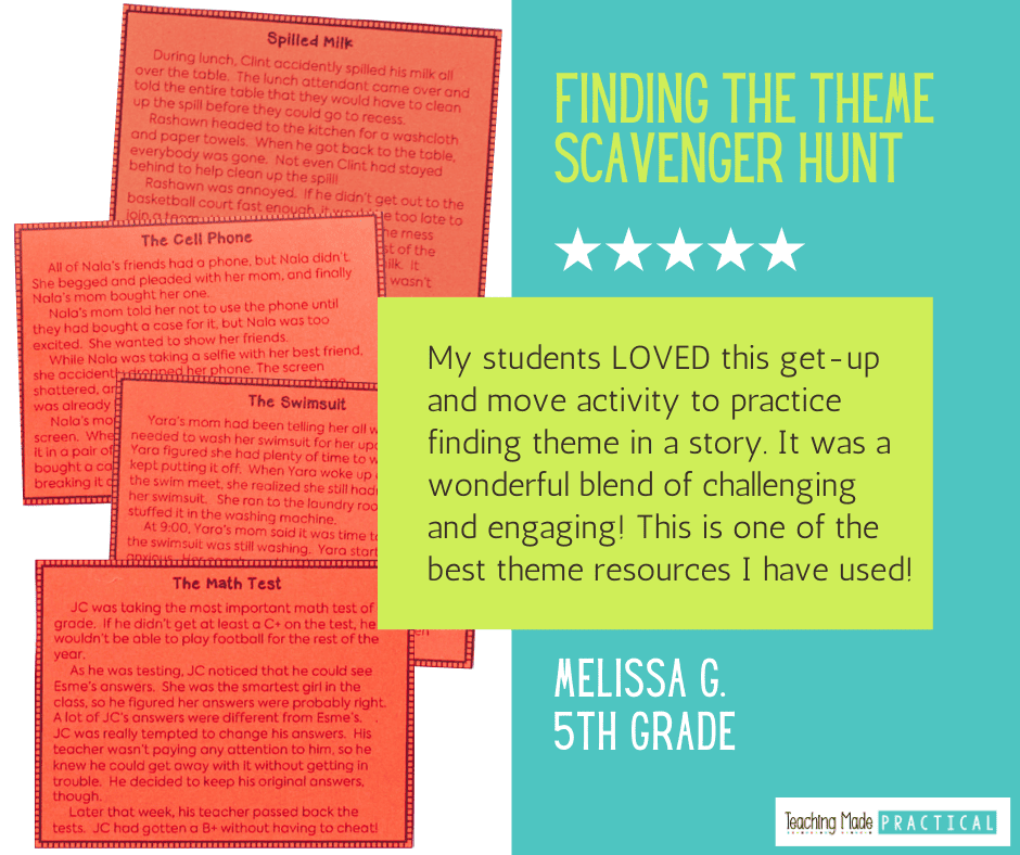 Finding the theme scavenger hunt activity for 3rd, 4th, and 5th grade