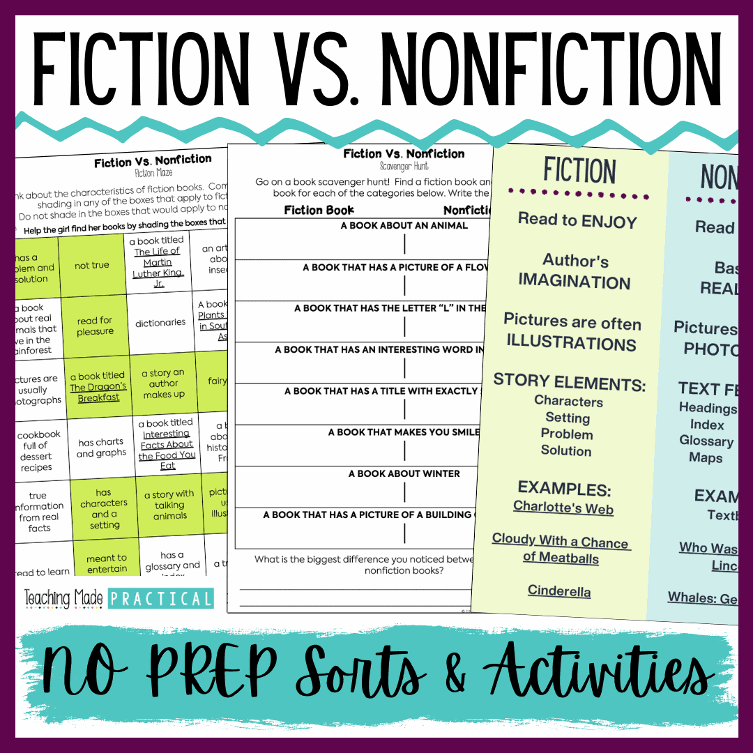 No prep sorts and activities to practice and review fiction and nonfiction with 3rd, 4th, and 5th grade students
