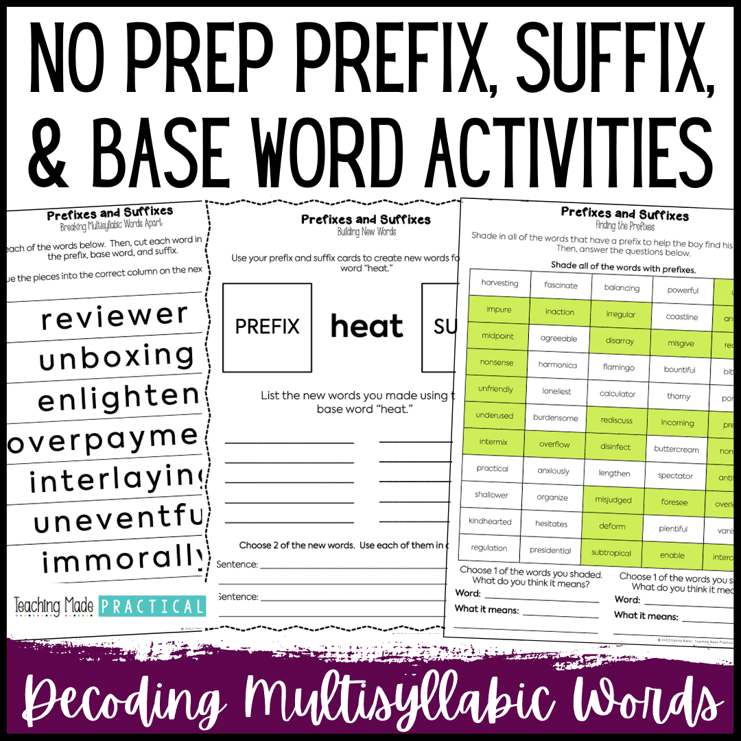 No Prep Prefix, Suffix, and Base Words Activities for 3rd, 4th, and 5th Grade