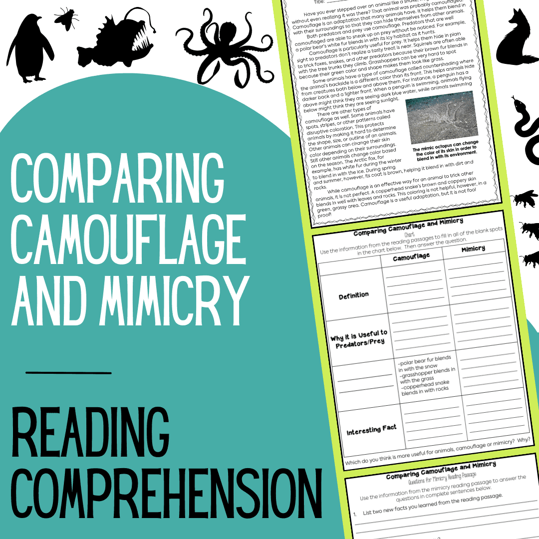 Compare and Contrast Camouflage and Mimicry reading passages for 3rd, 4th, and 5th grade