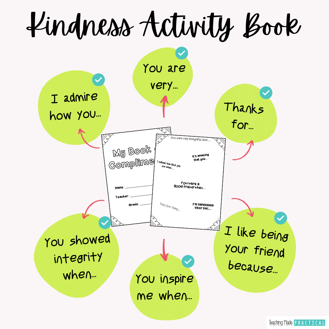 A compliment activity book with sentence starters to help 3rd, 4th, and 5th grade students practice showing kindness to their classmates.