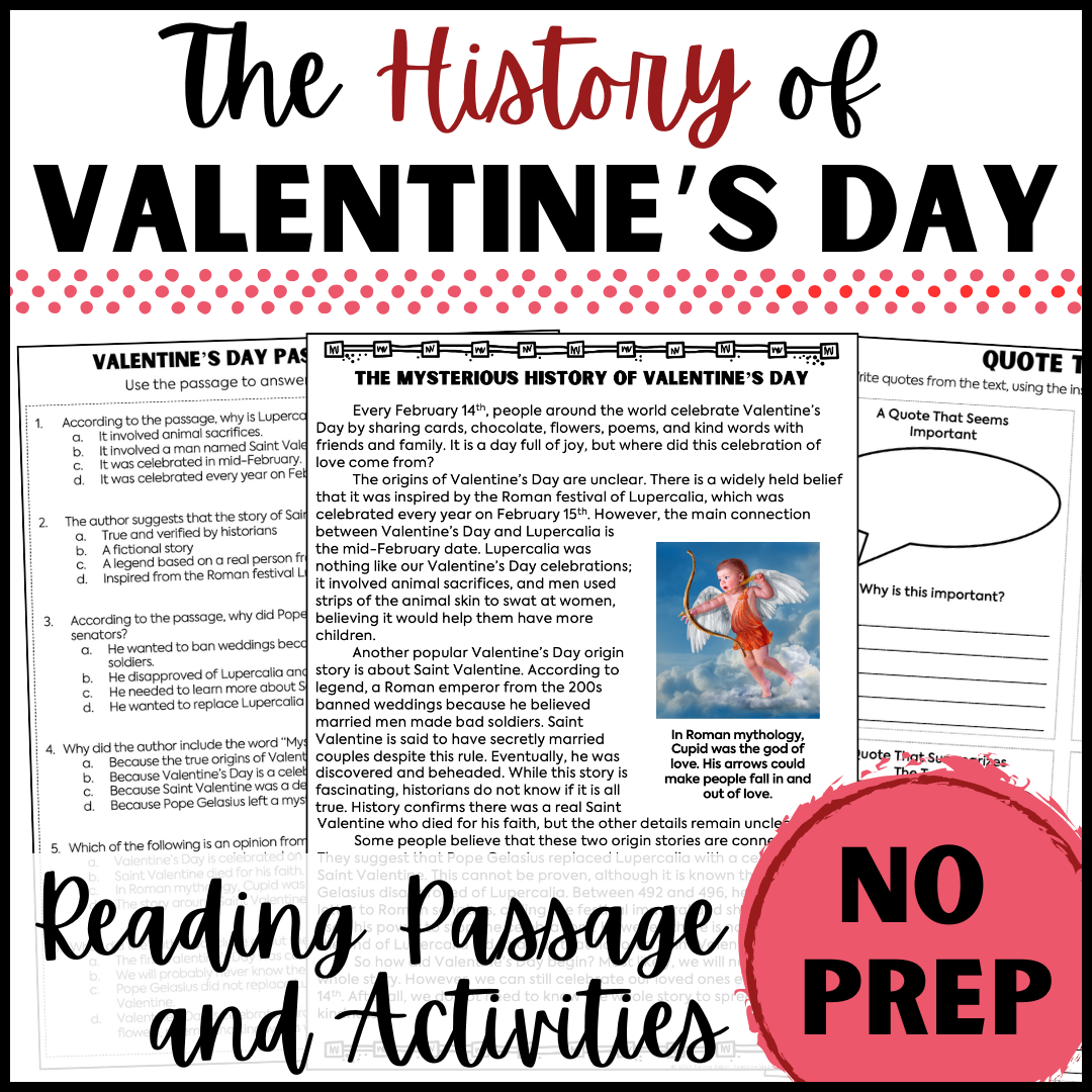 The History of Valentine's Day - reading passage and activities for 3rd, 4th, 5th grade