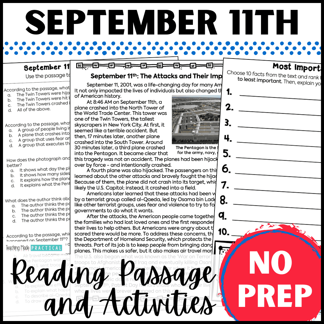 September 11th / Patriot Day Reading Passage and Activities